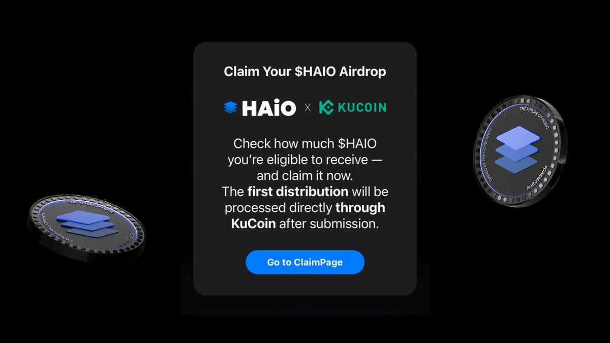 The $HAIO Airdrop Claim page is now live on haio.fun (haio.fun)! 

We have an exclusive initial listing with Kucoin! Here’s what you need to know:

✅ When you visit the site, a popup banner will guide you to the Claim page. You can also find the