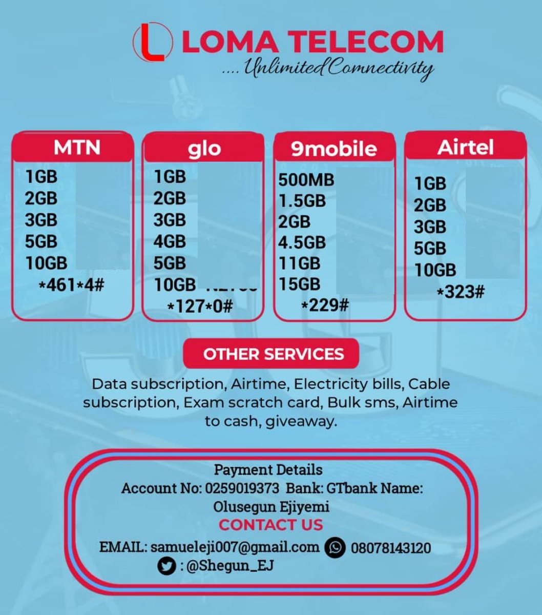๐ ๐ฑ ๐ โ ๏ธ (@shegun_ej) on Twitter photo โ๏ธ ๐๐๐๐ ๐๐๐๐ ๐๐๐
๐ TV CABLE SUBS
๐ EXAMS PIN
๐ AIRTIME
๐ BET FUNDING
๐ ADVERTISMENT
Data Plan๐
1Gb @ โฆ800 X 50 = โฆ40,000
2Gb @ โฆ1600 X 50 = โฆ80,000
3Gb @ โฆ2400 X 50 = โฆ120,000
5Gb @ โฆ4000 X 50 = โฆ200,000
All network 30 Days Plan. โ๏ธ ๐๐๐๐ ๐๐๐๐ ๐๐๐
๐ TV CABLE SUBS
๐ EXAMS PIN
๐ AIRTIME
๐ BET FUNDING
๐ ADVERTISMENT
Data Plan๐
1Gb @ โฆ800 X 50 = โฆ40,000
2Gb @ โฆ1600 X 50 = โฆ80,000
3Gb @ โฆ2400 X 50 = โฆ120,000
5Gb @ โฆ4000 X 50 = โฆ200,000
All network 30 Days Plan.