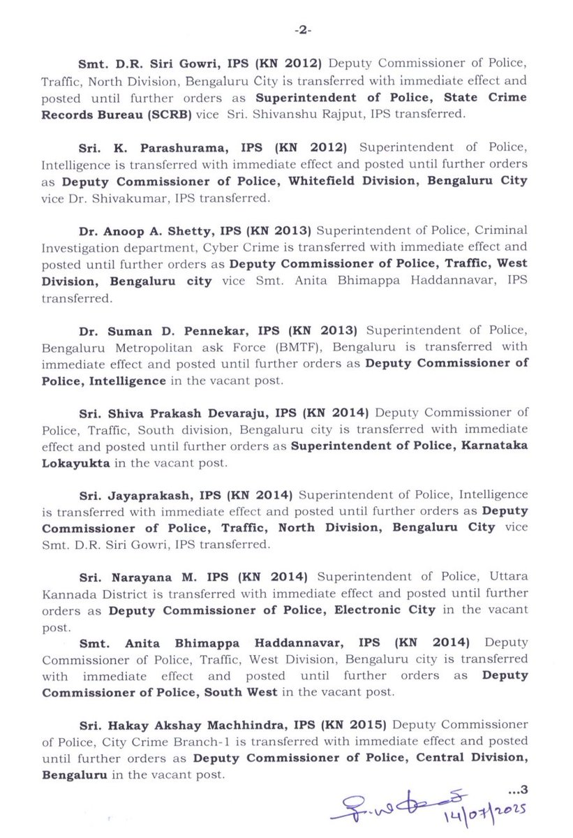 prajwaldza's tweet image. #BREAKING | Bengaluru joint CP traffic MN Anucheth has been transferred and posted as DIGP, Recruitment. Karthik Reddy replaces Anucheth.
Ajay Hilori replaces Chandragupta as head of Central Crime Branch of Bengaluru police.
Total 35 IPS officers transferred. @DeccanHerald