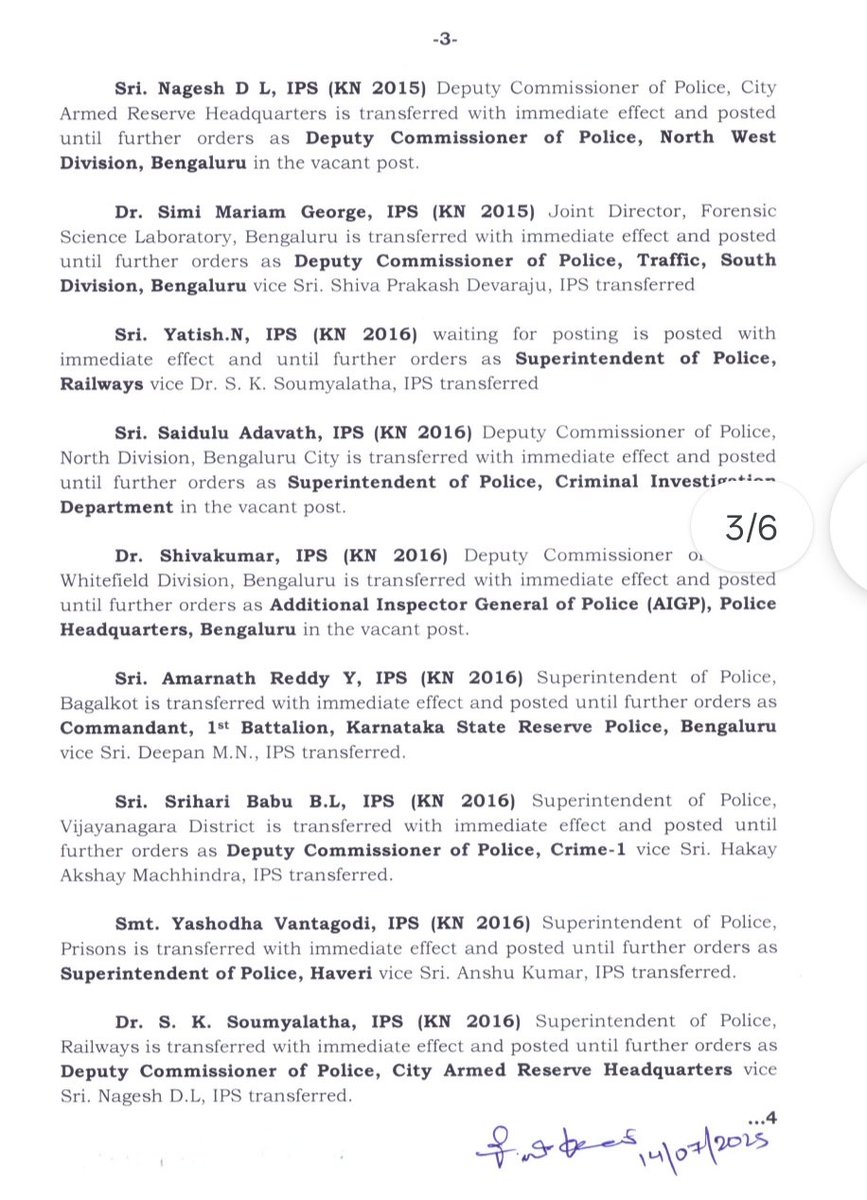prajwaldza's tweet image. #BREAKING | Bengaluru joint CP traffic MN Anucheth has been transferred and posted as DIGP, Recruitment. Karthik Reddy replaces Anucheth.
Ajay Hilori replaces Chandragupta as head of Central Crime Branch of Bengaluru police.
Total 35 IPS officers transferred. @DeccanHerald