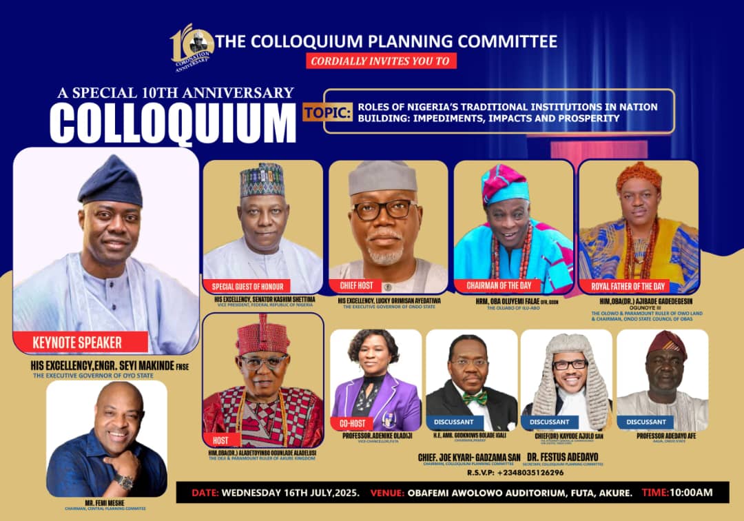 madeyeye7's tweet photo. *SPECIAL INVITATION*

*10TH ANNIVERSARY COLLOQUIUM*

*Date: Wednesday 16th July, 2025*

*Venue: Obafemi Awolowo Auditorium, FUTA*

*Time: 10:00am*

*Keynote Speaker: His Excellency, Engr. Seyi Makinde FNSE*

*Kindly  check the fliers for details*

*.... You are specially invited* https://t.co/Pp9iKZCfCb