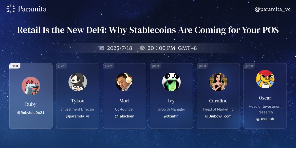 🚨It’s time to tune in to Paramita Venture’s upcoming Space on Stablecoins × Retail, as we dive into how onchain dollars are coming for your local POS.

📅 Date: July 18, 2025
⏰ Time: 20:00 GMT+8

🎙️Speakers:

Tykoo,  Investment Director <a href="/paramita_vc/">Paramita VC</a> 
Mori, Co-founder <a href="/Tabichain/">Tabi 💢</a>