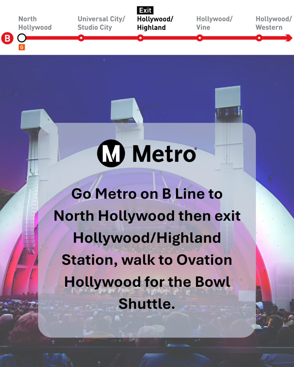 HollywoodBowl's tweet image. Go Metro to the Hollywood Bowl this week to skip parking and ride the Hollywood Bowl Shuttle at Ovation for FREE from the B Line at Hollywood/Highland station from two and a half hours before showtime and beginning 20 minutes after concerts end with a valid TAP card.