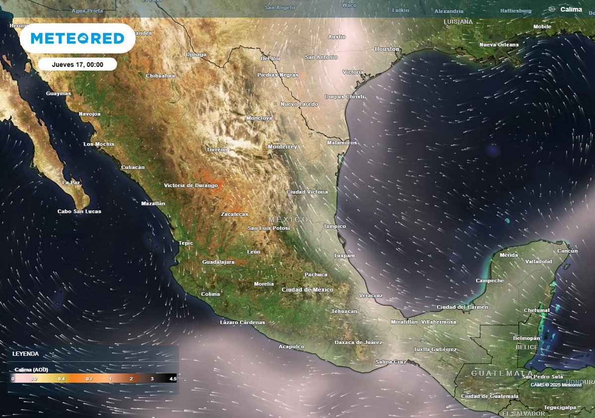 ⚠️IMPORTANTE: primer pulso relevante de Polvo del Sahara recorrerá la mitad centro-orienta próx 2-3 días en moderadas/bajas concentraciones

Martes: península de Yucatán y Golfo de Méx
Miércoles: Golfo de Méx hacia el noreste
Jueves Altiplano y Pacífico sur

💨NO es de peligro,