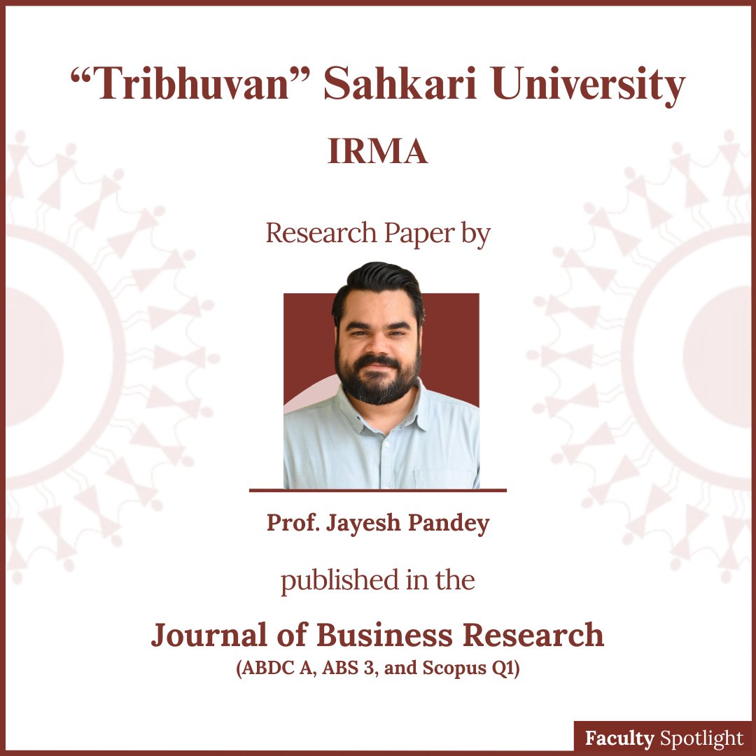 Institute of Rural Management Anand (IRMA) (@irmaofficial79) on Twitter photo A research paper Prof. Jayesh Pandey, co-authored with Shubh Majumdar, IIM Ranchi; and Abhinav Jindal, Power Management Institute, NTPC Limited, has been published by the <a href="/JofBusResearch/">Journal of Business Research</a>.
Read more here.
irma.ac.in/news/1700 A research paper Prof. Jayesh Pandey, co-authored with Shubh Majumdar, IIM Ranchi; and Abhinav Jindal, Power Management Institute, NTPC Limited, has been published by the <a href="/JofBusResearch/">Journal of Business Research</a>.
Read more here.
irma.ac.in/news/1700