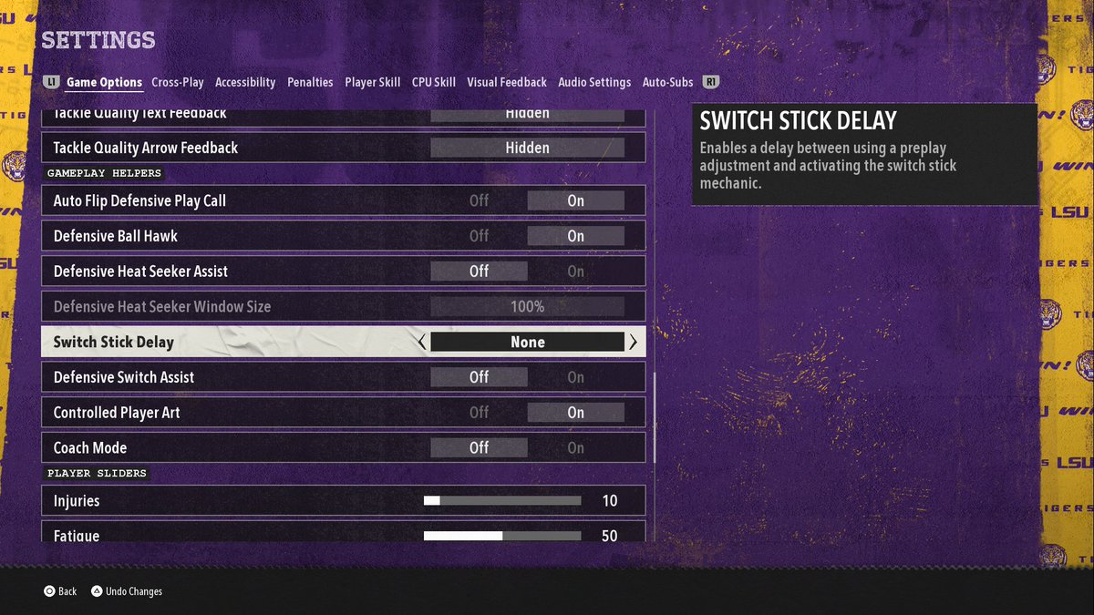 Dcroft's tweet image. These are the KEY defensive settings I've been using in CFB26.
Controllered Player Art is by far my favorite setting to have on.
Switch Stick Delay on none (could also use slight)
Everything else I would recommend copying