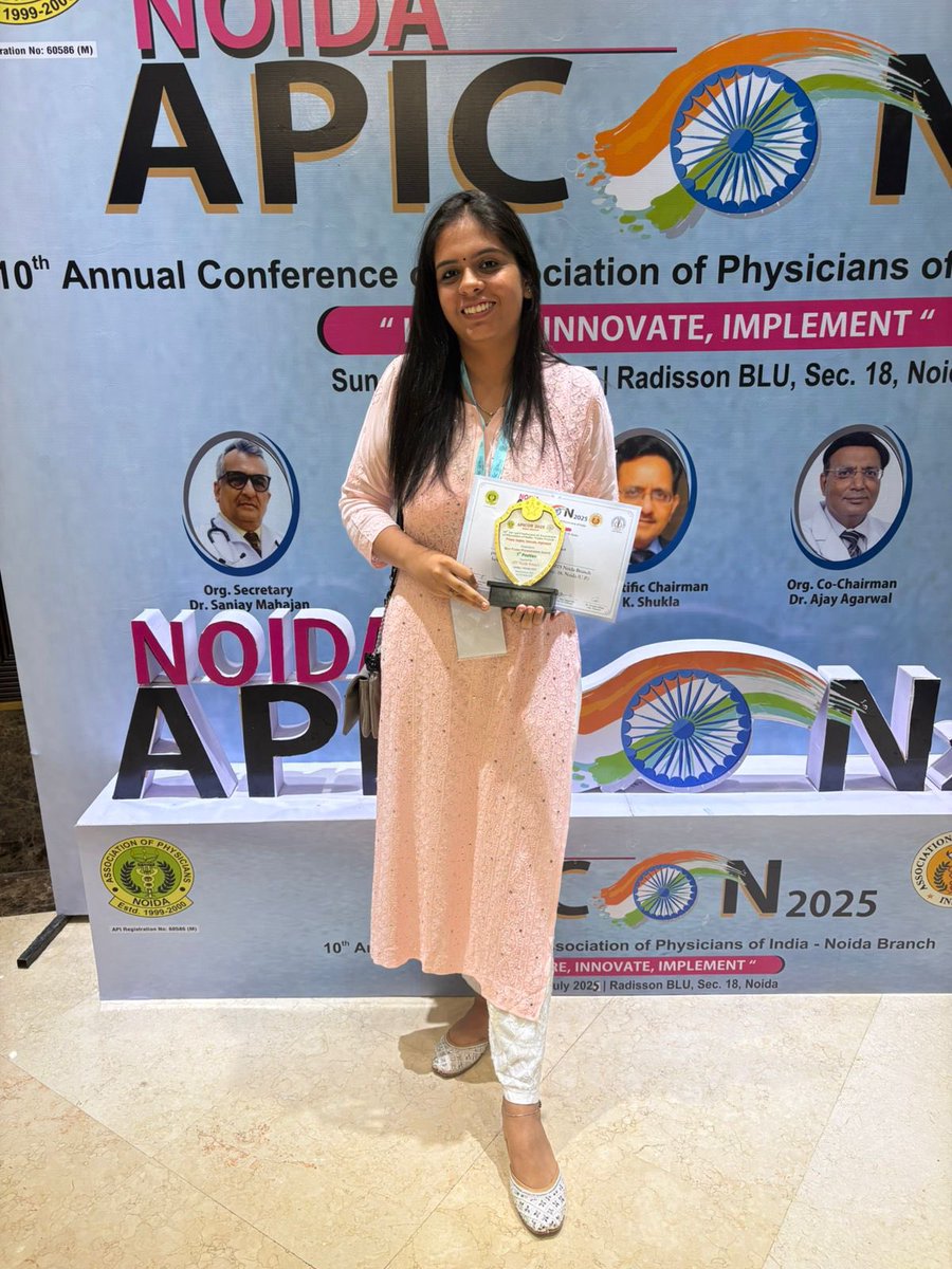 Diabgims's tweet photo. Our fellow Dr Avi Singh bagged 1st Position in poster presentation at APICON 2025 Noida Chapter among 52 candidates of Northern India. Heartiest congratulations. 
We are committed to excellence in patient care and academics in Diabetes. https://t.co/OCe7IWXino