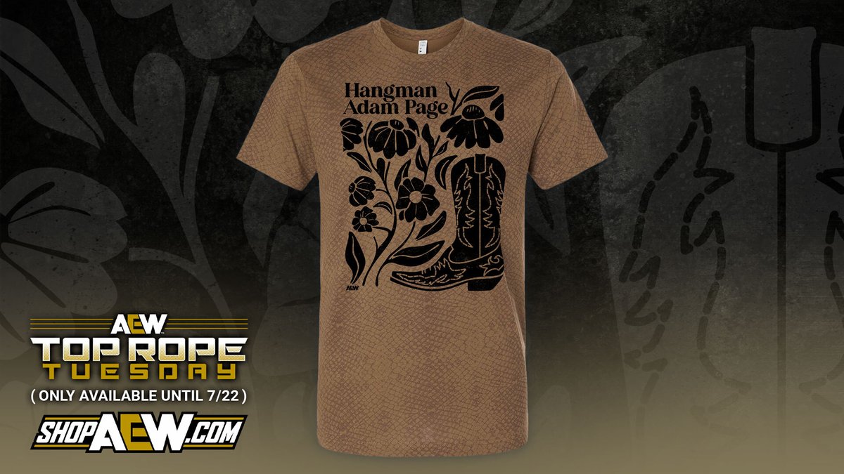 ShopAEW's tweet image. This week’s Top Rope Tuesday item is a limited edition Hangman Adam Page 'Flowers is Plants' shirt on Snake Print!
Available now for ONE WEEK ONLY (until 7/22) at ShopAEW.com!