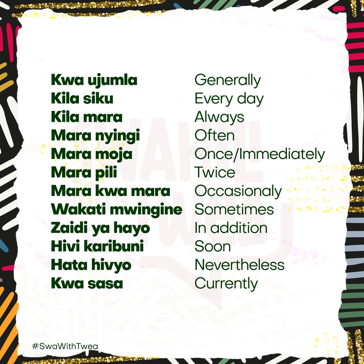 KiswahiliNaTwea's tweet image. Hamjambo
Expand your #Swahili diction
#SwaWithTwea