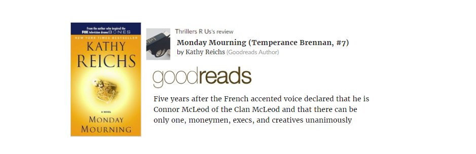 HashtagSpiruli's tweet image. A macabre gumbo of police procedural, mystery & thriller, MONDAY MOURNING by @KathyReichs is an entertaining novel w/a flash point temper that feels better than another Habs loss. #BookReview #AmReading #Thrillers #Bones #Books goodreads.com/review/show/77…