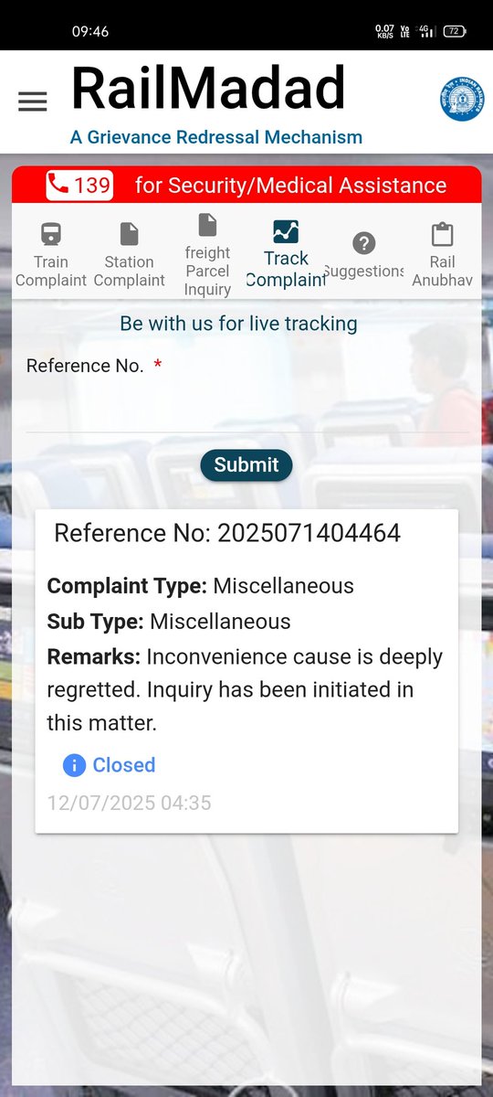 SocialVivek_'s tweet photo. @RailwaySeva @drmbsbner 2025071404464  reference no of complain on rail madad including all my personal info, uts no that was closed within an hour of complain. https://t.co/c3eRX6KUxx
