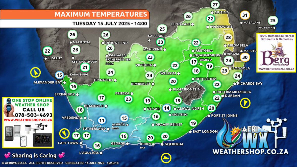 Your maximum temperatures for today.
#WeatherForecast #WeatherUpdate #southafricanweather #southafrican