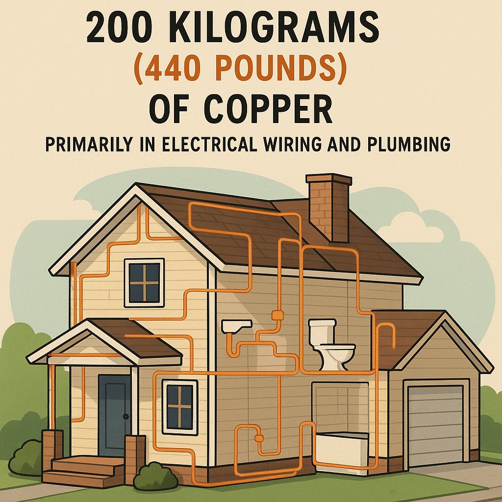 CopperBullish's tweet image. #Copper - Did you know?
The average house contains 200 kilograms (440 pounds) of copper, primarily in electrical wiring and plumbing!