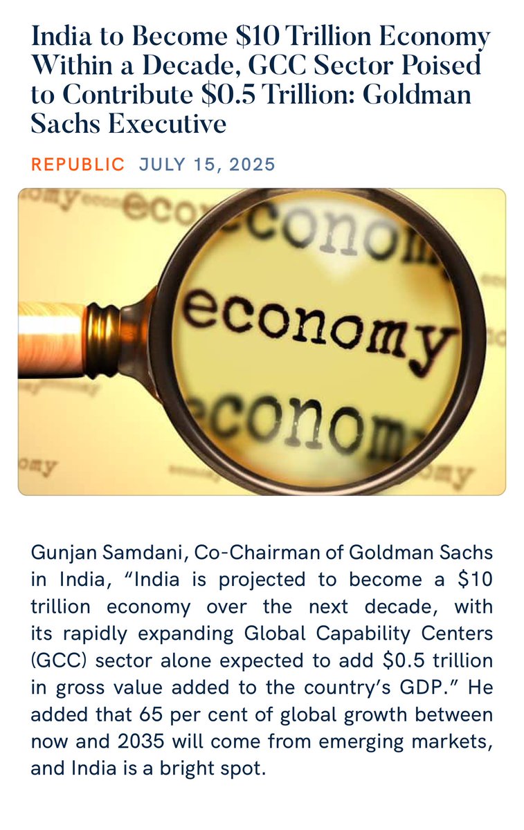 India to Become $10 Trillion Economy Within a Decade, GCC Sector Poised to Contribute $0.5 Trillion: Goldman Sachs Executive
republicworld.com/business/india…

via NaMo App
