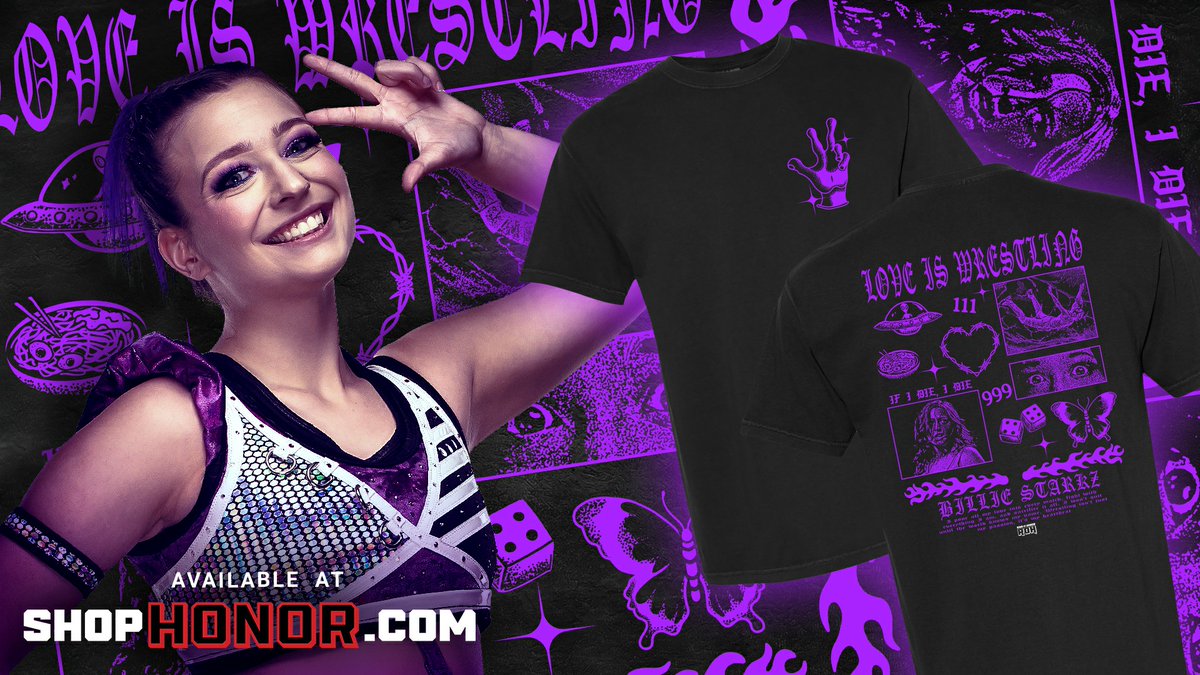 ShopAEW's tweet image. 💜 Love is Wrestling! 💜
Do you love wrestling like @BillieStarkz loves wrestling?!
Get her new shirt right now!
shopaew.com/official-appar…