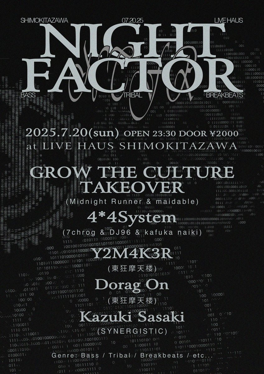 🔊Next Sunday Midnight🔊

2025.7.20(sun) Open 23:30
下北沢Live Haus

▪︎Line Up :
GROW THE CULTURE TAKEOVER : 
Midnight Runner &amp; maidable

4*4System :
7chrog &amp; DJ96 &amp; kafuka naiki

Y2M4K3R , Dorag On
From 東狂摩天楼

Kazuki Sasaki
Organizer : SYNERGISTIC