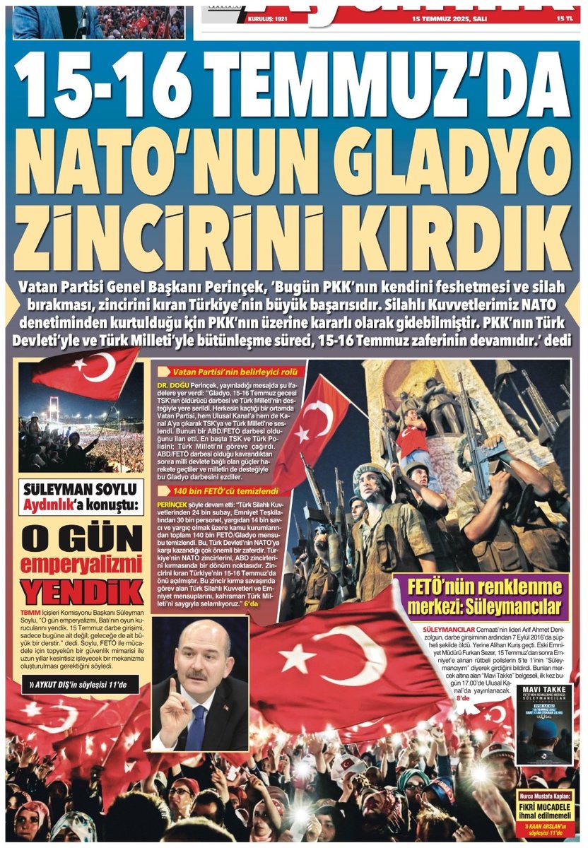 Günaydın
Gününüz ve yolunuz AYDINLIK olsun
15-16 TEMMUZ'DA NATO TERÖR ÖRGÜTÜ'NÜN GLADYO ZİNCİRİNİ KIRDIK
(Hâla ders almadık Nato TERÖR ÖRGÜTÜ'nün kıçında dönmeye devam ediyoruz)
