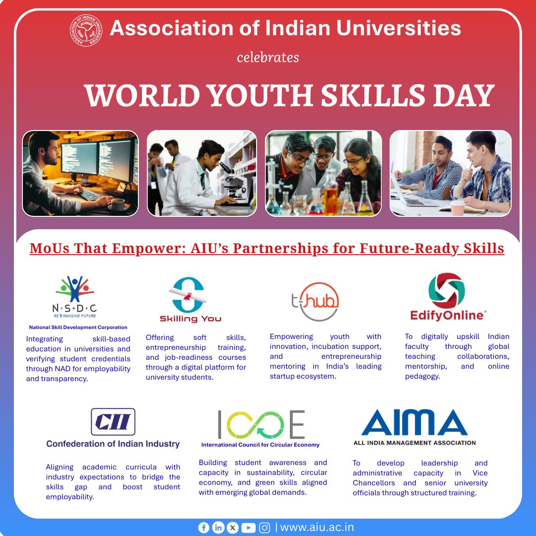 🌍 This #WorldYouthSkillsDay, AIU celebrates its commitment to building a skilled, future-ready generation.
Through strategic MoUs, we’re driving real-world learning, innovation, and employability across Indian universities.
#SkillIndia #HigherEducation #YouthEmpowerment