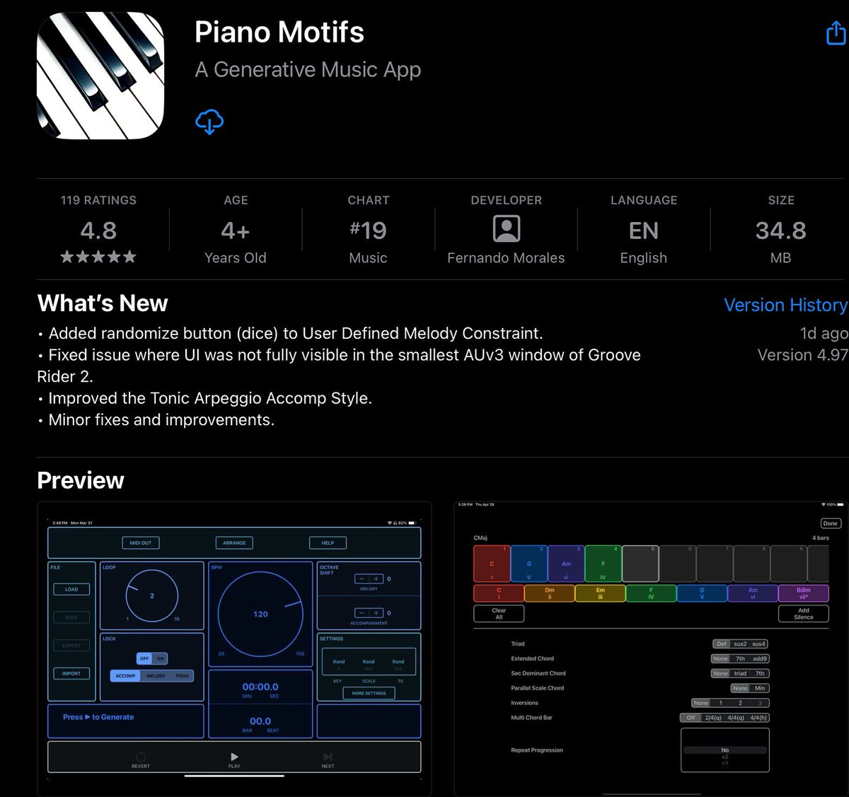 A new version of Piano Motifs is now available (v4.97). New randomize button for the User Defined Melody Constraint and fix for GR-2 minimum screen size. 
#generativemusic #ipadmusic #musicapp #midi #midiloops #iosmusicproduction #iosapps #auv3 #musicideas  #pianomotifs