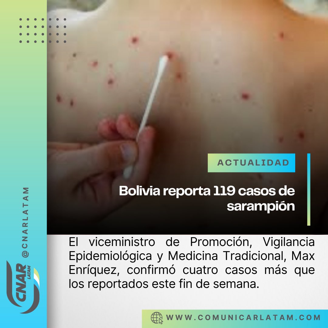 ComunicarLatam's tweet image. 🔴 Los casos de #sarampión continúan en incremento en #Bolivia. El viceministro de Promoción, Vigilancia Epidemiológica y Medicina Tradicional, Max Enríquez, confirmó este domingo 119 contagios en el país, cuatro más de los que se había reportado el sábado.
