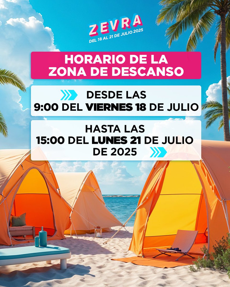 👉 Si vienes con camping, glamping, motel o caravana, apúntate esto:

La Zona De Descanso estará abierta desde el Viernes 18 a las 9:00 h hasta el Lunes 21 a las 15:00 h.

Llega con tiempo, organízate bien… y a disfrutar de los 4 días al máximo.