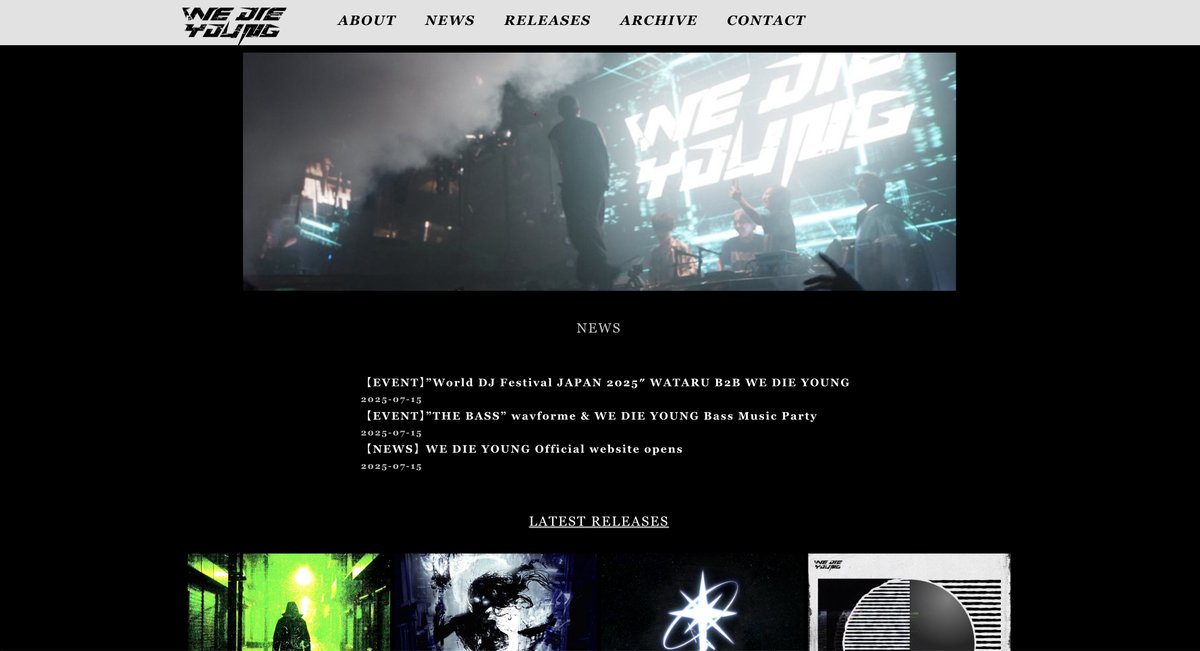 【NEWS!】
WE DIE YOUNG Official Site
オープンしました！

全てのリリース、直近のイベントレポートなど
これからはこちらのホームページで更新いたします。
wedieyoung.jp

Designer: <a href="/_m16g/">ᐧﻌᐧ</a>