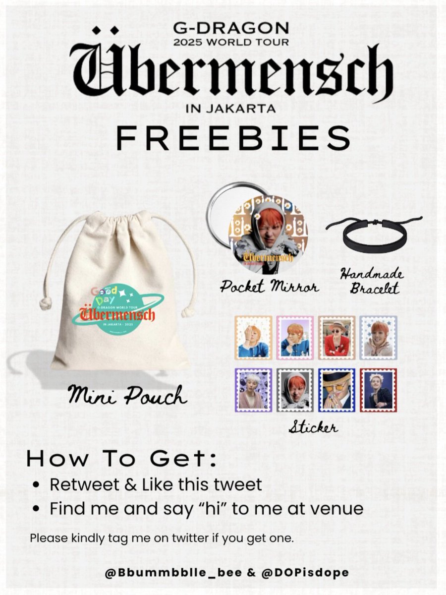 ✨️FREEBIES G-Dragon Übermensch in Jakarta : by <a href="/Bbummbblle_bee/">N. 🍑 VIPnowFAM</a>
&amp; <a href="/DOPisdope/">UBERMENSCH TOUR 2025</a>

🗓 26 Juli 2025 (Day  2)
📍 Indonesia Arena / IA
🕒 TBA
❗️LIMITED QTY❗️
Details &amp; rules are in pict 

See you FAMs VIPs 💛

#GDRAGON #GDRAGONinJAKARTA  #UEbermenschinJKT