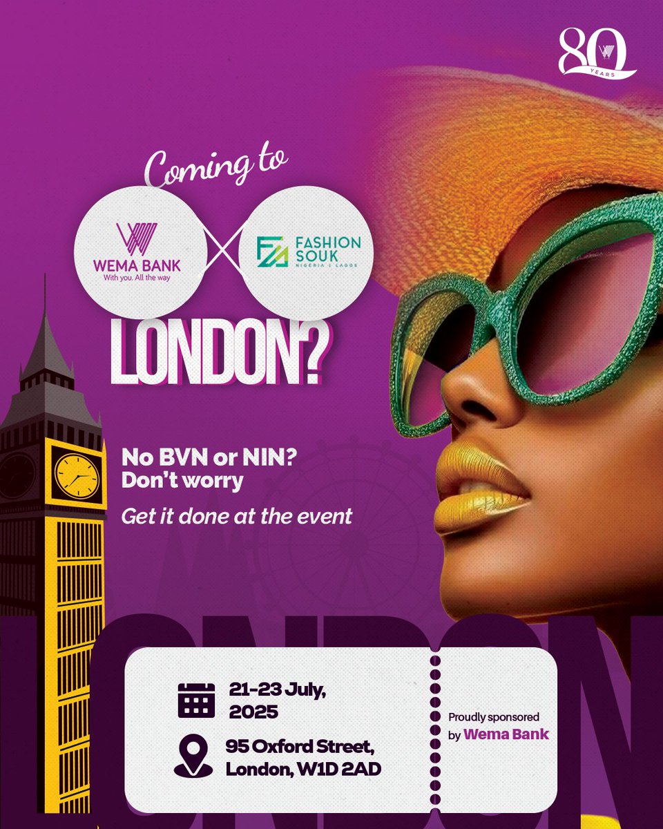 London, we’re pulling up in style! 

Join Wema Bank at Fashion Souk London from July 21–23 and enjoy:
✨ Free BVN registration
💳 Instant virtual debit card when you open a Wema account

Click bit.ly/WemaBankDiaspo… to sign up pre event 

📍95 Oxford Street, London | Proudly