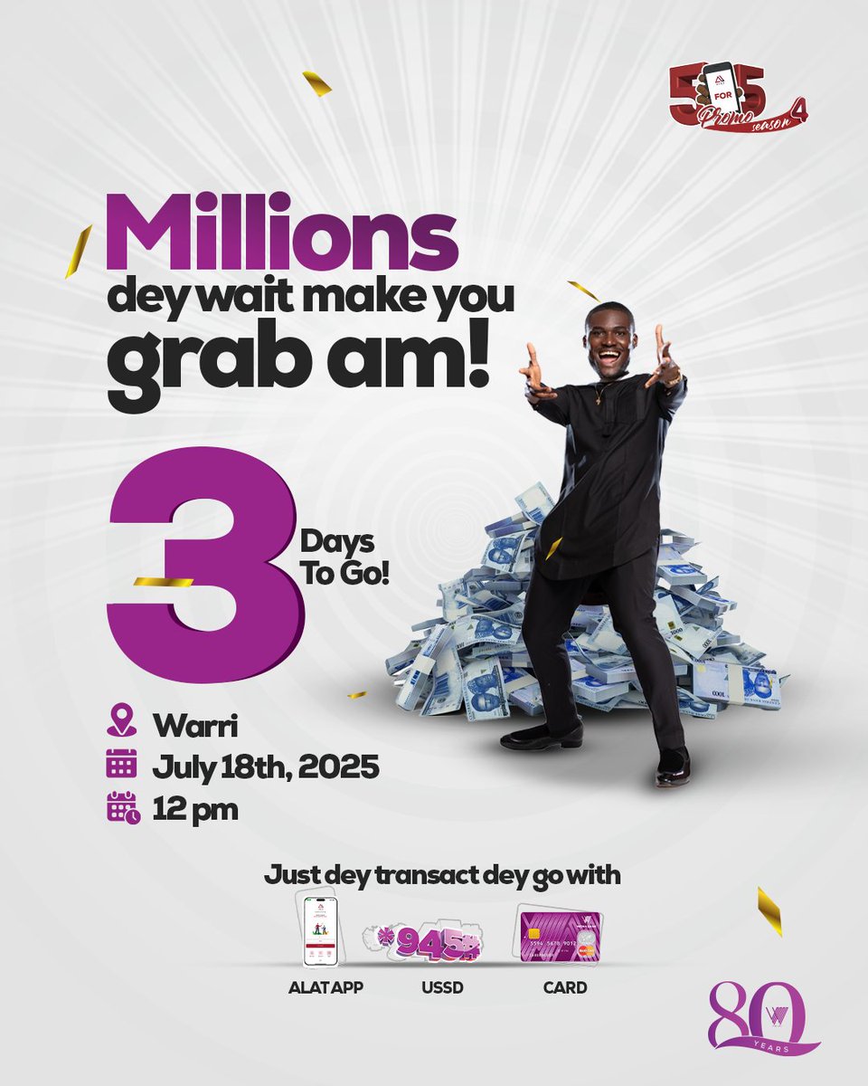 Warri, the countdown is just three days to go! 

No dull yourself — transact now with ALAT, *945#5for5Promo

 Big rewards await you!

#WemaBank #Wema5for5Promo4 #CashoutSeason #Giveaway