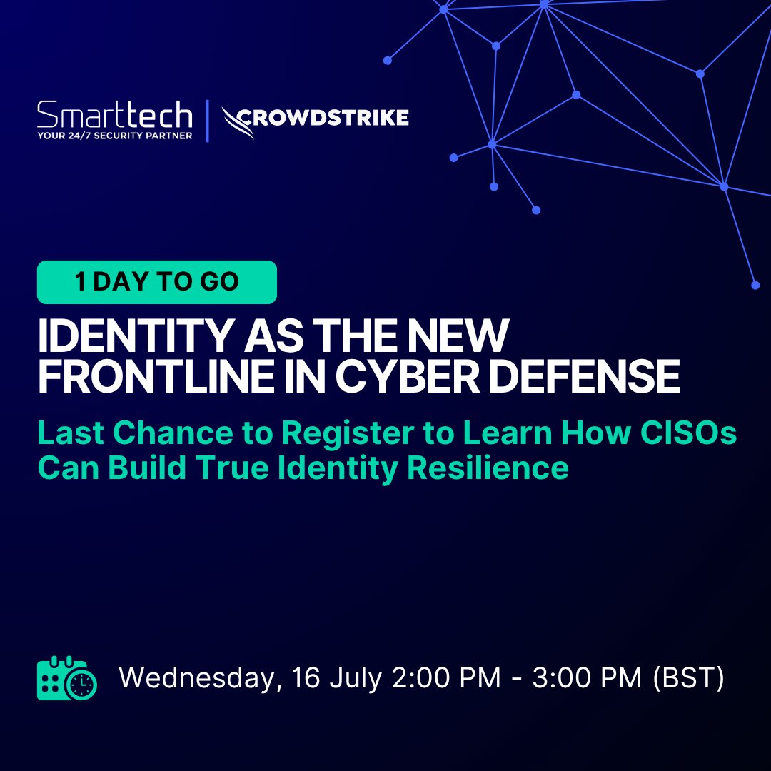 🚨 Last chance!
Join Edward Skraba (Smarttech247), Alex Bacik (CrowdStrike) &amp; Edwin Bowers tomorrow to explore how CISOs can boost identity resilience.

🗓 16 July, 2 PM BST
Don’t miss it — register now ➡️ hubs.la/Q03xdLhs0