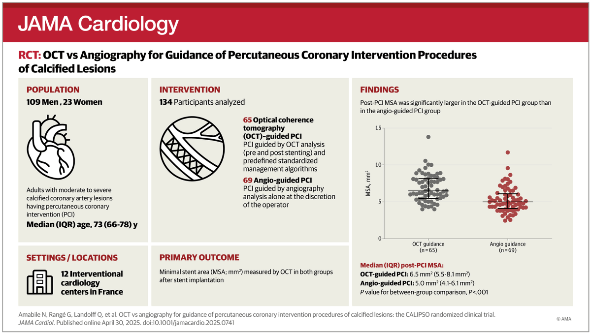 JAMACardio's tweet image. CALIPSO RCT: Optical coherence tomography guidance associated with predefined algorithmic management achieved better stent implantation results than angiography guidance in patients with calcified lesions PCI. ja.ma/4nWBejJ @nicolasamabile