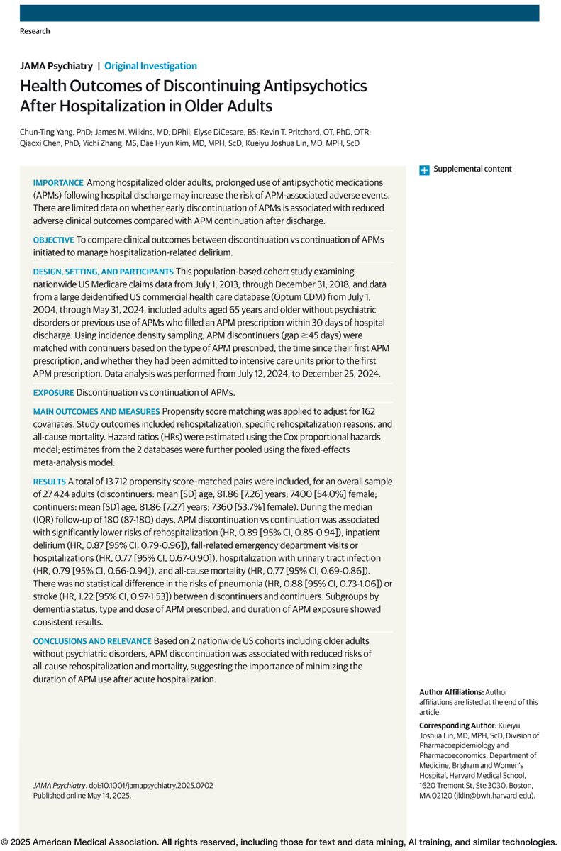 JAMAPsych's tweet image. In older adults, discontinuing antipsychotic medications after hospitalization was associated with reduced risks of rehospitalization, falls, infections, delirium, and mortality compared to continuation. ja.ma/40y37nO