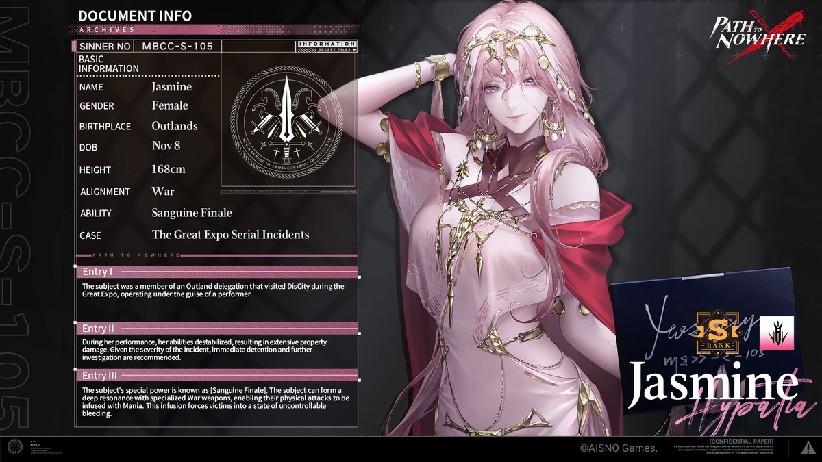 PathtoNowhereEN's tweet photo. ■ MBCC-S-105 Jasmine
■ Fury Tendency

"In my homeland, everyone loved jasmine flowers, as they symbolize purity and happiness. That's why I was given this name. Chief, do you think someone like me... still deserves it?"

#PathtoNowhere #PTN #AureateRegale https://t.co/NANs0O1Zjl