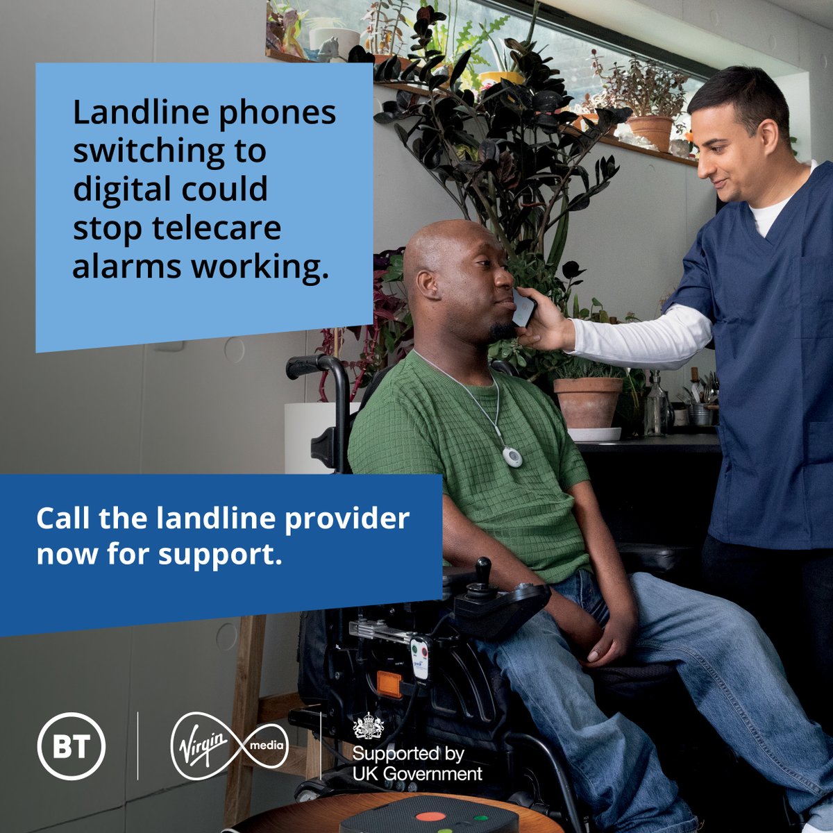 bradfordmdc's tweet image. Do you or someone you know use a telecare alarm?
Landlines switching from analogue to digital could stop telecare alarms working.
The switchover is already happening, so call your landline provider for support now.
For more information, visit orlo.uk/Ii3LF