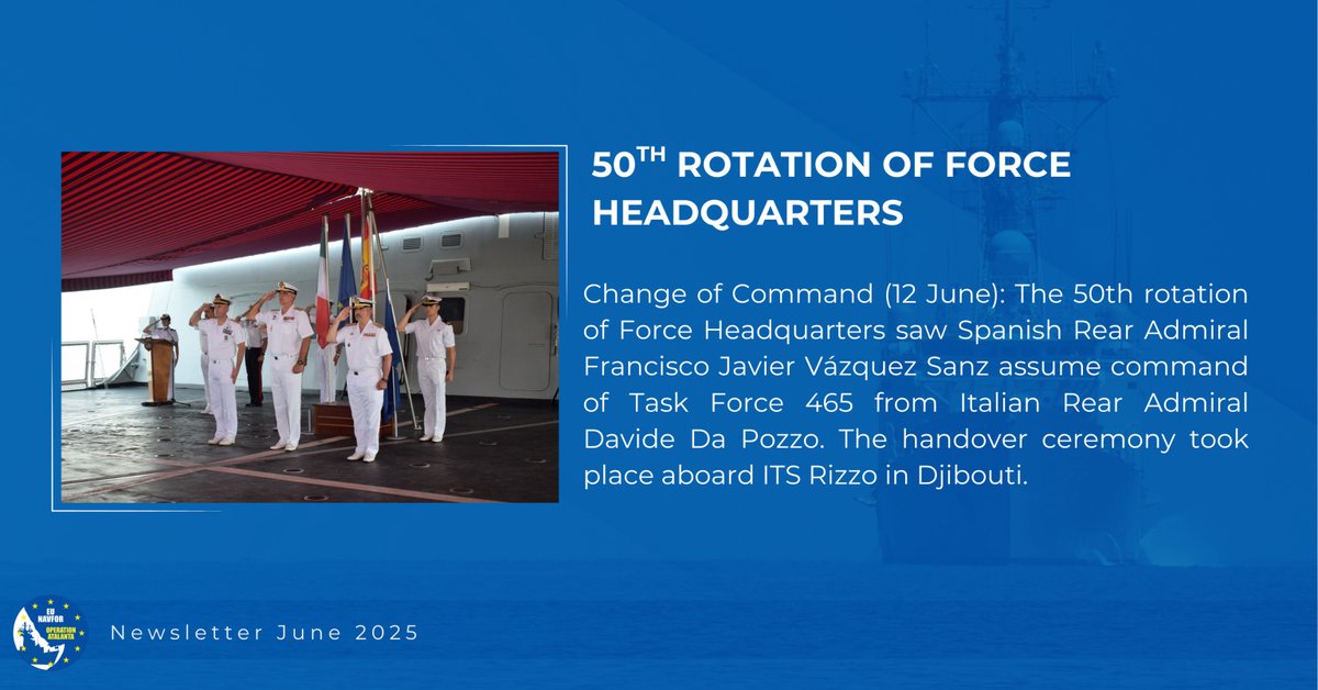 EUNAVFOR's tweet image. Check the images to take a look at some of the activities included in the June edition of the 🇪🇺 #OperationATALANTA Newsletter.
Read the complete June edition of the Newsletter ⤵️
eunavfor.eu/newsletter/new…
#MoreThanShips