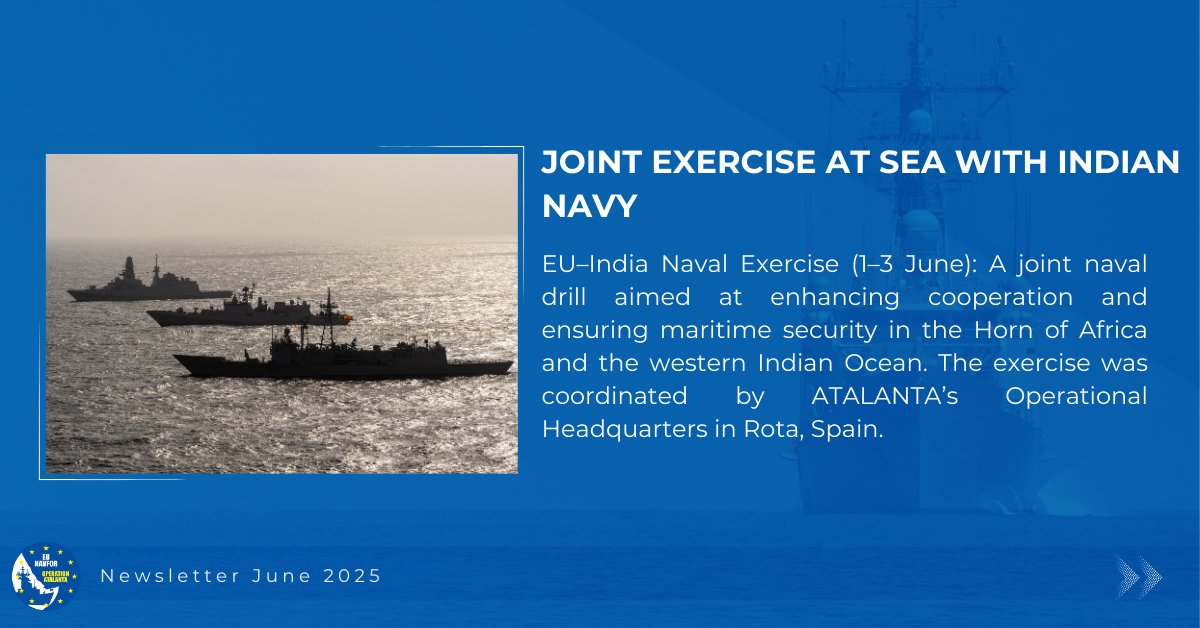 EUNAVFOR's tweet image. Check the images to take a look at some of the activities included in the June edition of the 🇪🇺 #OperationATALANTA Newsletter.
Read the complete June edition of the Newsletter ⤵️
eunavfor.eu/newsletter/new…
#MoreThanShips