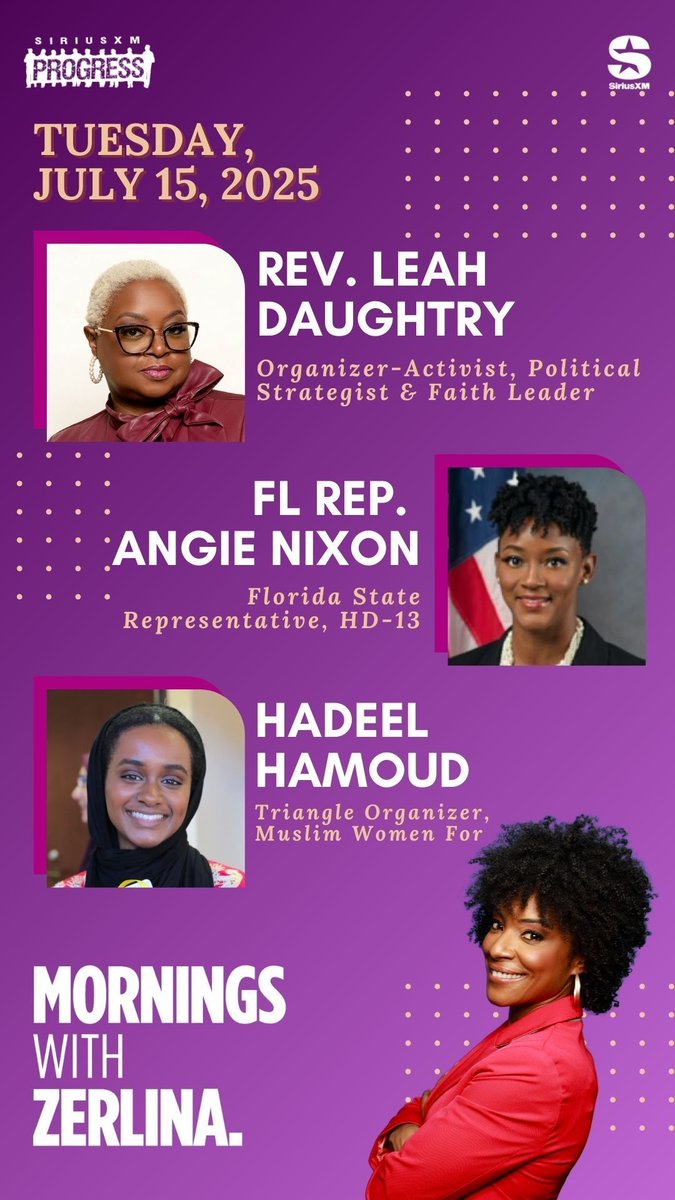 ZerlinaMornings's tweet image. Tuesday tidings! Joining Zerlina on the show this AM: Faith Leader & Political Strategist @LeahDaughtry, FL State Rep @AngieNixon + @MuslimWomenFor Triangle Organizer Hadeel Hamoud!
☎️ 866-997-4748
📻 @SiriusXMProg Ch. 127
siriusxm.us/Zerlina