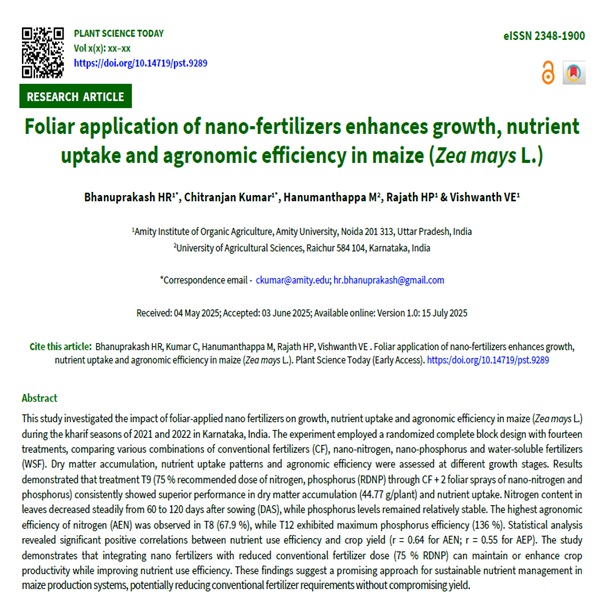 Foliar application of nano-fertilizers enhances growth, nutrient uptake and agronomic efficiency in maize (Zea mays L.) - doi.org/10.14719/pst.9…