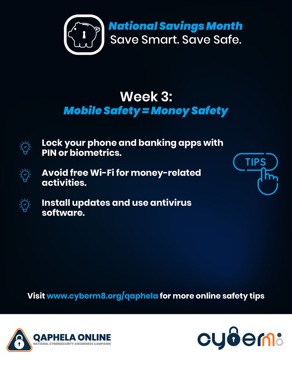 OurCyberM8's tweet image. WEEK 3: Mobile safety is money safety.
This NationalSavingsMonth, we’re dropping tips that keep your money and data secure while you’re on the move. Week 3 is all about locking in digital habits that pay off.
Stay sharp, stay secure because every tap, click and swipe counts.
