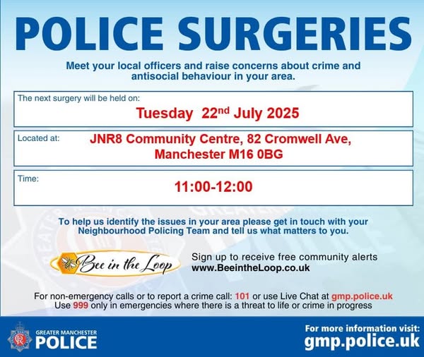 MCC Whalley Range (@mccwhalleyrange) on Twitter photo Upcoming Police Surgery at JNR8 Community Centre.
An opportunity to chat with your local policing team. Upcoming Police Surgery at JNR8 Community Centre.
An opportunity to chat with your local policing team.