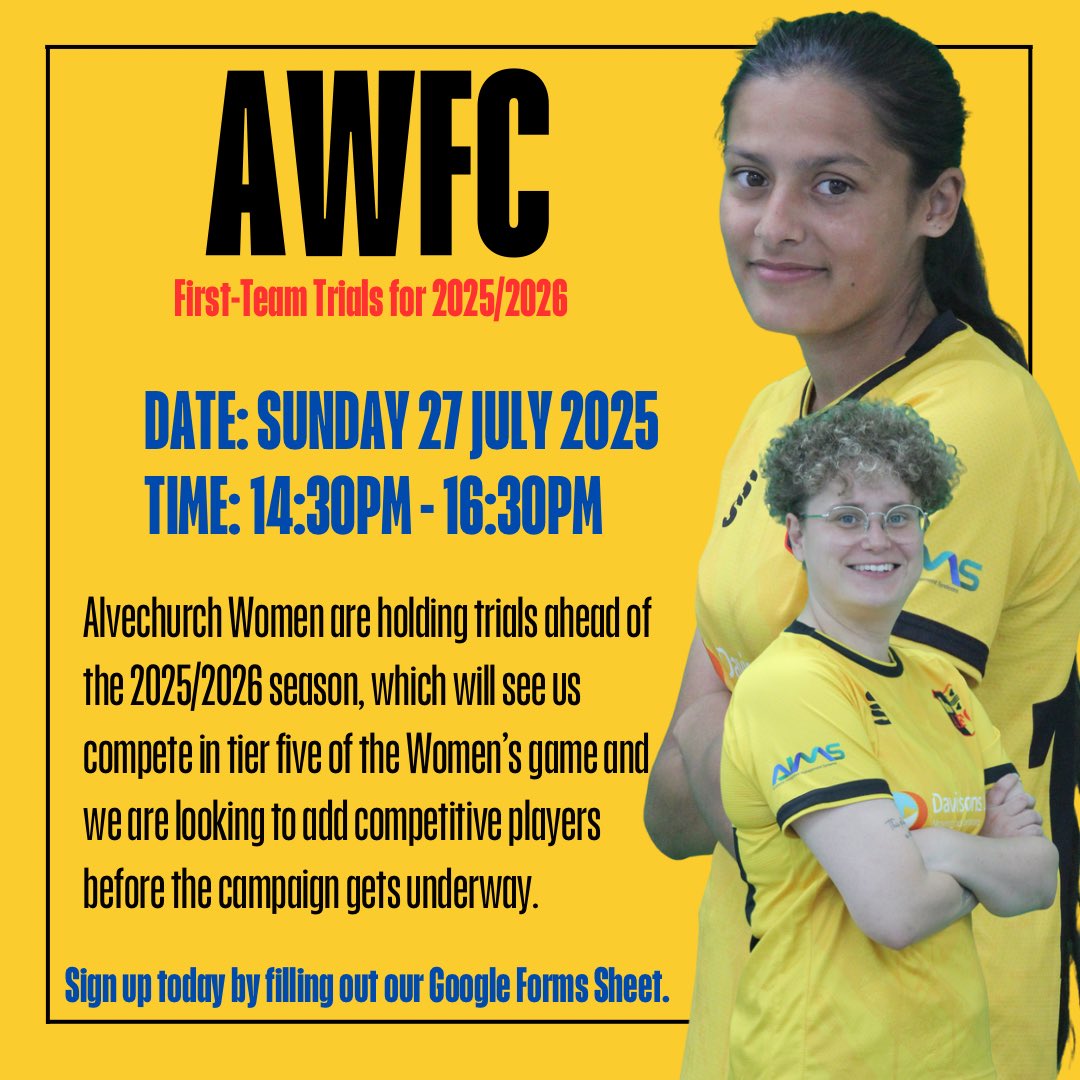 Alvechurch Women FC (@alvechurchwomen) on Twitter photo ๐๐๐๐ ๐๐๐ ๐๐๐๐๐๐๐๐ ๐๐๐ ๐๐๐๐๐๐๐! ๐
Weโre set to hold another set of trials at the end of July! For your chance to be a part of this wonderful project, and new era at Alvechurch Women, sign up today using the link! ๐
๐ docs.google.com/forms/d/e/1FAIโฆ
#AWFC ๐๐๐๐ ๐๐๐ ๐๐๐๐๐๐๐๐ ๐๐๐ ๐๐๐๐๐๐๐! ๐
Weโre set to hold another set of trials at the end of July! For your chance to be a part of this wonderful project, and new era at Alvechurch Women, sign up today using the link! ๐
๐ docs.google.com/forms/d/e/1FAIโฆ
#AWFC
