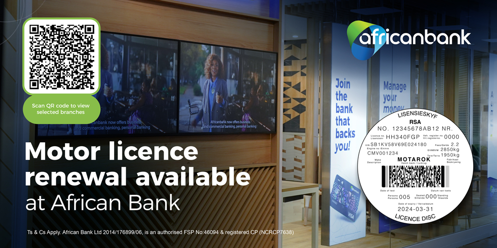 AfricanBank's tweet image. Skip the long queues and the hassle of renewing your vehicle license. African Bank now offers Motor License Renewal Services at selected branches, making it easier than ever for you to stay with minimal effort! Find out more: bit.ly/3Uh8hRy
#AudacityToBelieve