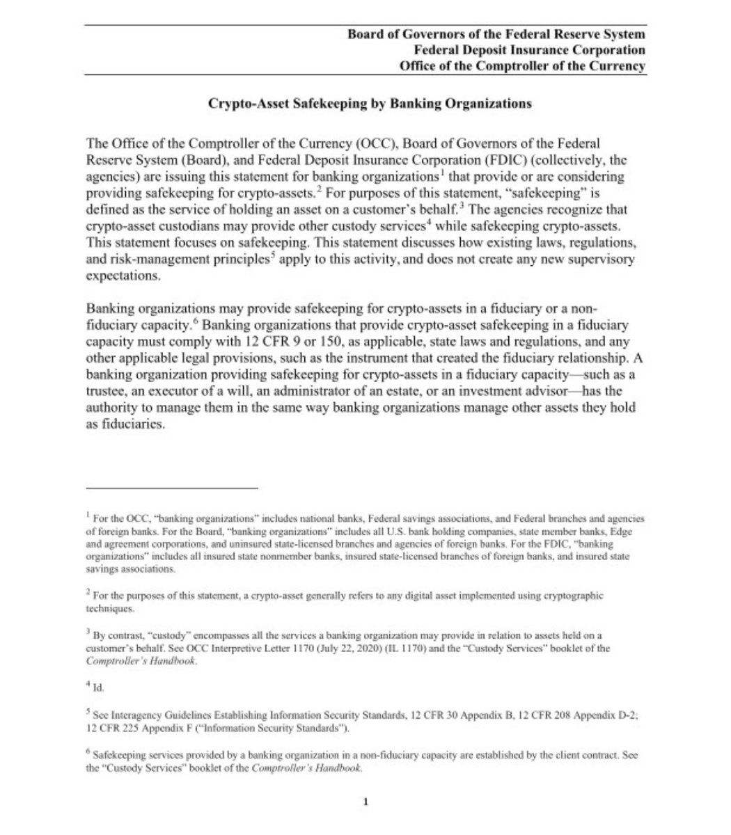 Cryptosconsults's tweet image. 🇺🇸 TODAY: The Fed, FDIC, and OCC have jointly issued new guidance officially permitting banks to custody crypto-assets — but with a catch.
➡️ linkedin.com/posts/cryptos-…
#CryptoCustody #VirtualAssets #Banking #CryptoRegulations