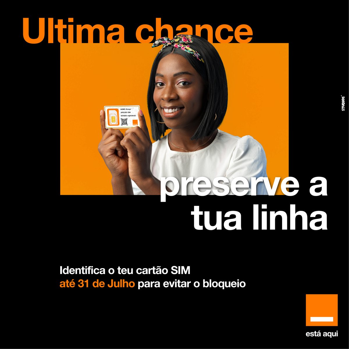 Evite o bloqueio e proteja os seus dados!
📆 Até 31 de julho
📍 Loja Orange ou 100% online
📞 Verifique: #510#
Obrigatório por ARN-TIC

#RegistoOrange 
#FuturoNasTuasMãos