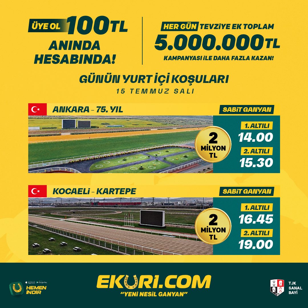 GÜNÜN YARIŞMASI!

Ankara’da 16:30’da koşulacak olan G3 Başkent Koşusu’nda sıralı ikiliyi doğru tahmin et, 100 TL kazan.

🤝Ekürini etiketle o da 100 TL kazansın.

Şartlar:

- Üye numaranı yaz.
- Eküri X hesabını takip et.
- Bu içeriği RT yap.
- Ekürini etiketlediysen, onun üye
