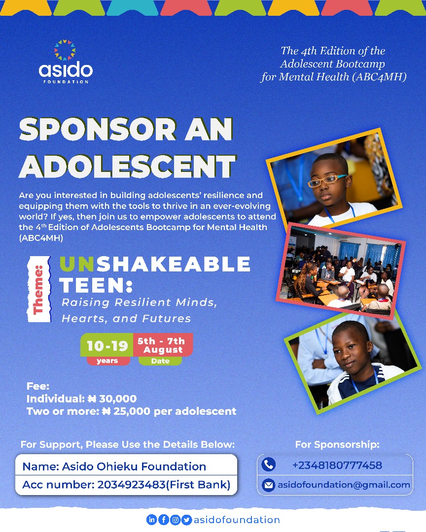 asidofoundation's tweet image. ๐ SPONSOR AN ADOLESCENT TODAY!๐
๐ฏAre you passionate about nurturing emotionally resilient adolescents and preparing them for the challenges of todayโs world?
๐ฏJoin us in empowering adolescents to thrive in todayโs world by sponsoring a teen or more to attend the 4th Editionโฆ