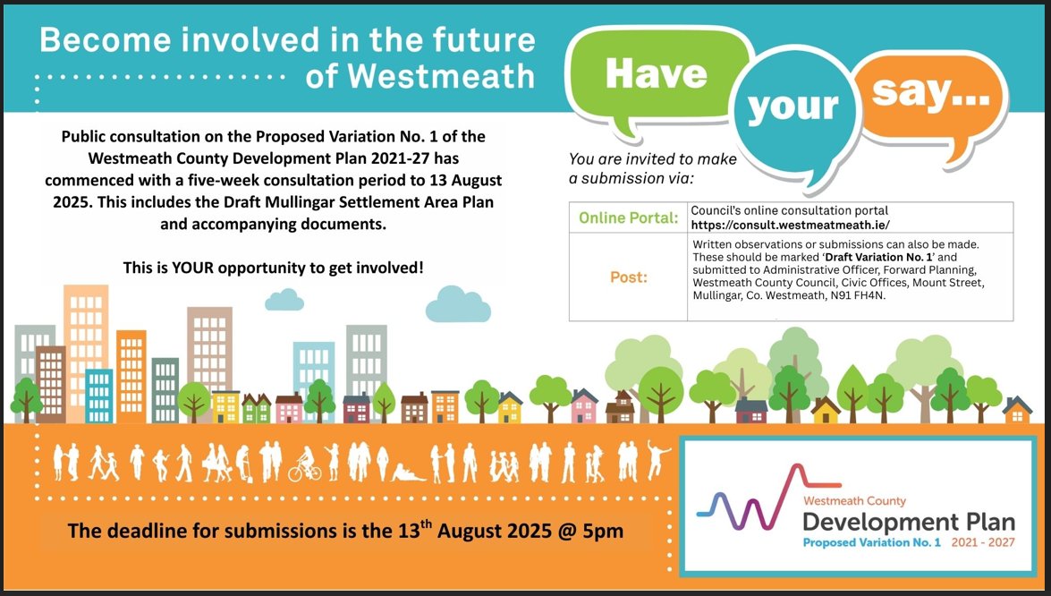 Westmeath County Council (@westmeathcoco) on Twitter photo Submissions are invited on the Proposed Variation No. 1 of the Westmeath CDP 2021-2027, which includes the Draft Mullingar Settlement Area Plan. The closing date for submissions is 5.00pm on 13 August 2025. Information can be found at consult.westmeathcoco.ie. Submissions are invited on the Proposed Variation No. 1 of the Westmeath CDP 2021-2027, which includes the Draft Mullingar Settlement Area Plan. The closing date for submissions is 5.00pm on 13 August 2025. Information can be found at consult.westmeathcoco.ie.