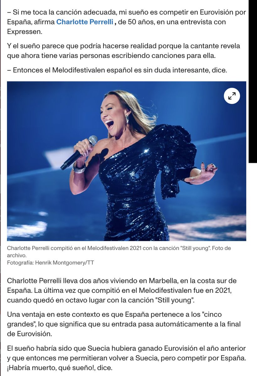 🇸🇪 Ahora en Suecia se hacen eco de que Charlotte Perrelli lo quiere intentar en #BenidormFest.

El año pasado me llegó que ya había presentado una propuesta, sin suerte. Veremos si repite para 2026. 

🔗 aftonbladet.se/nojesbladet/a/…