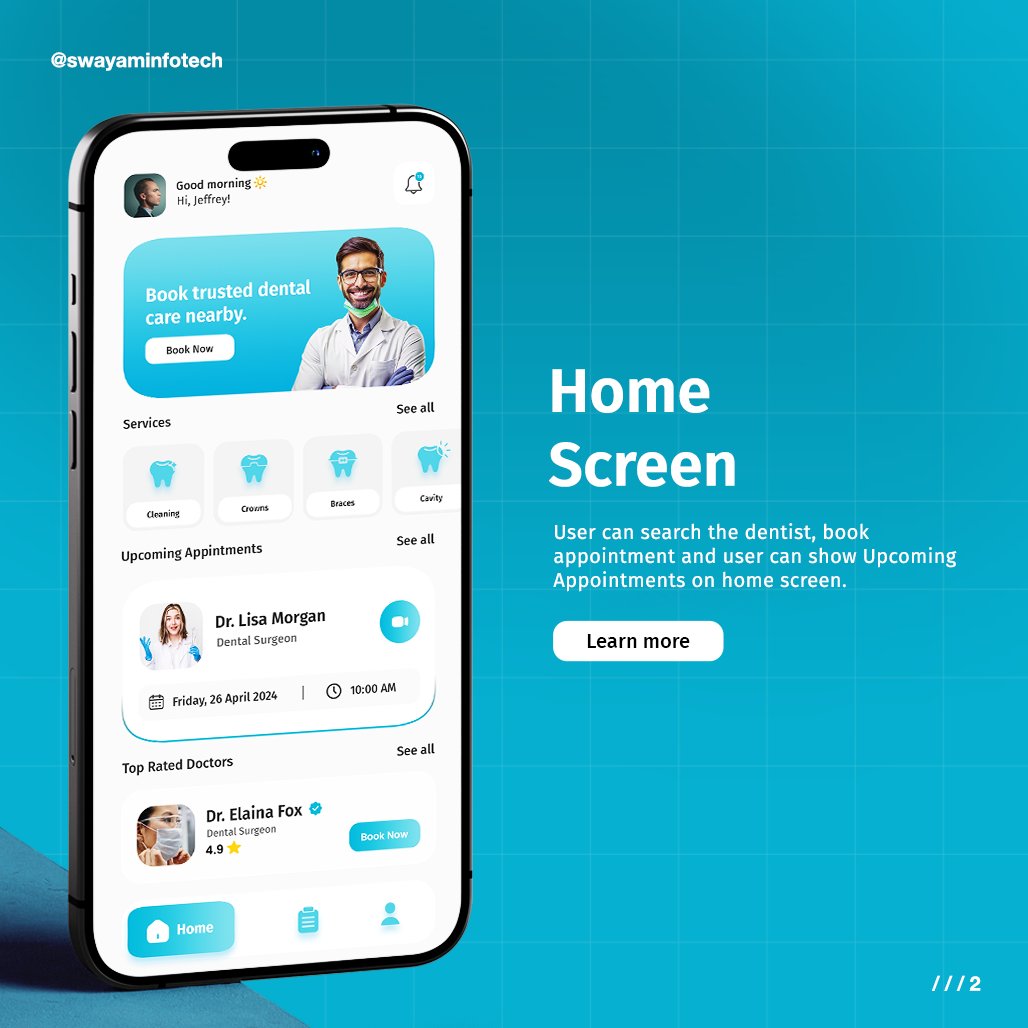 swayaminfotech's tweet image. Elevate your dental clinic with our #DentistOnCall Booking App! Reduce no-shows, boost profits &amp;amp; make scheduling easy for patients💬.
.
Visit: swayaminfotech.com/dentist-appoin…
.
#DentalApp #AppointmentBooking #HealthcareTech #SwayamInfotech #DentistApp