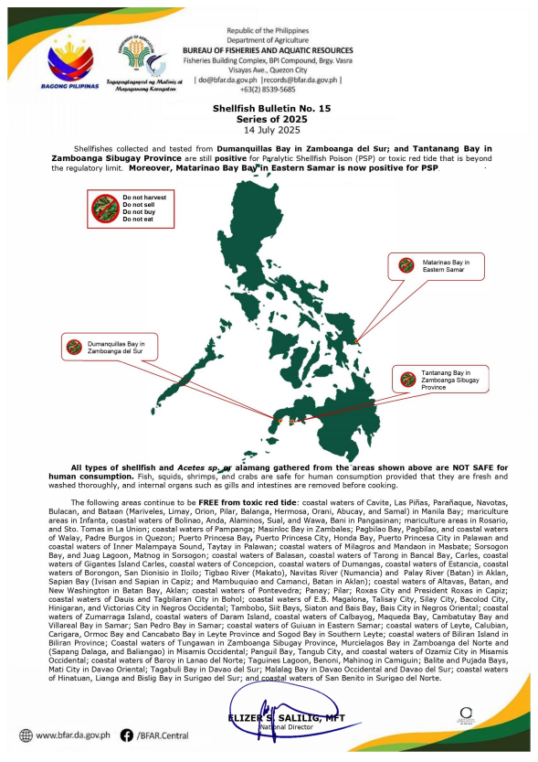 bfarph's tweet photo. #RedTidePH as of July 14, 2025:
Shellfishes collected and tested from Dumanquillas Bay, Tantanang Bay, and Matarinao Bay are POSITIVE for toxic red tide that is beyond the regulatory limit. https://t.co/LjoK6UR8Hw